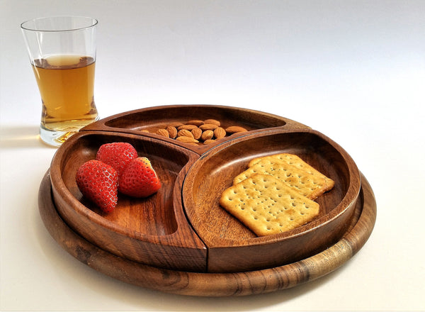 Three sections wooden snack set 11"