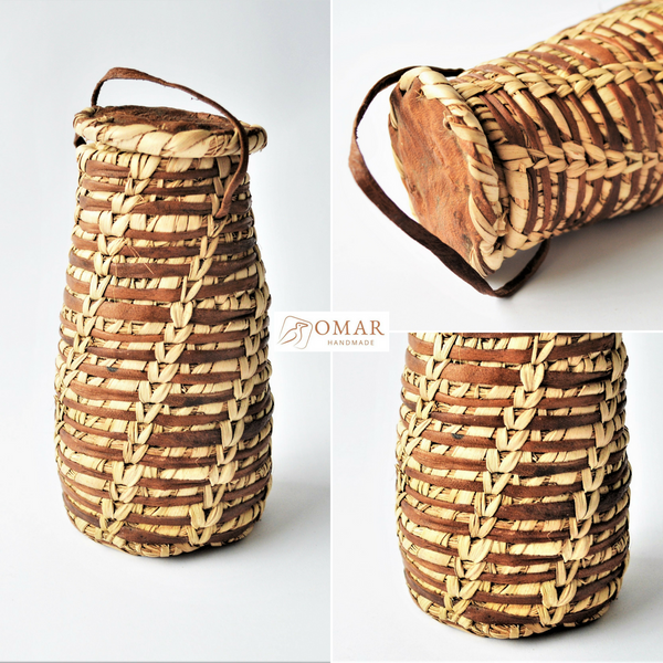 Moroccan rustic basket, Leather & palm leaf jewelry pot