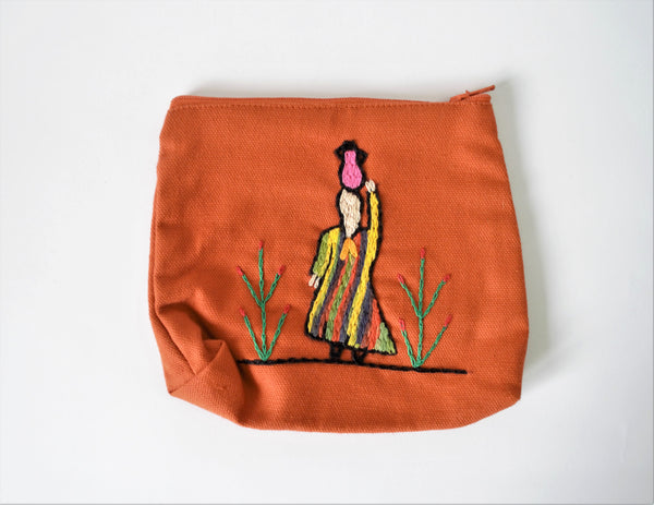 Hand embroidered purse, Folklore art, Eco cotton bag (Woman carrying water)