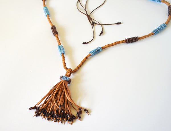 Long bohemian necklace, Leather tribal necklace, African tassel necklace, with blue beads