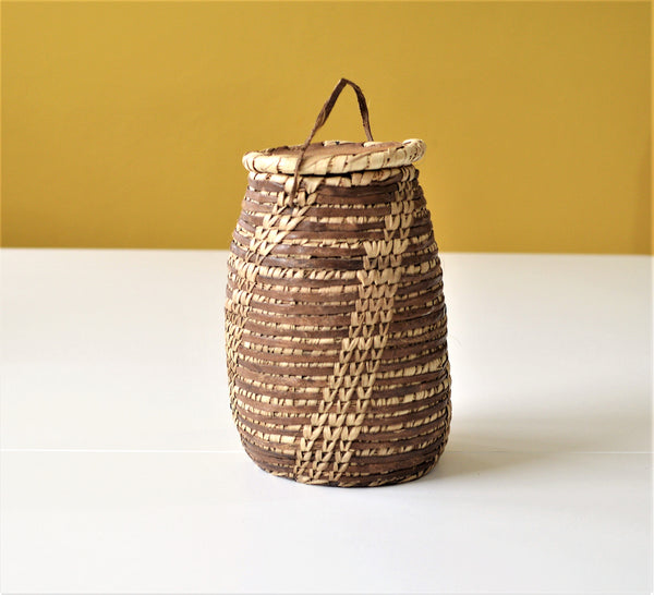Leather & palm leaves tribal jewelry basket
