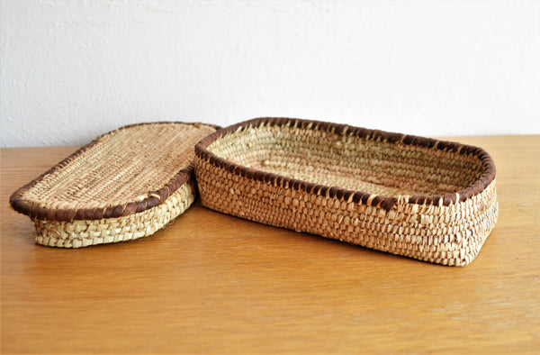 Rectangle jewelry box, Woven straw and leather basket with lid