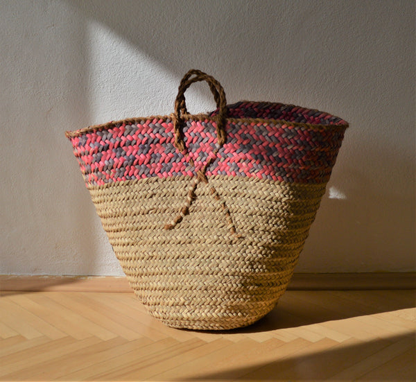 Vintage basket, Palm leaves woven basket, Pink and grey