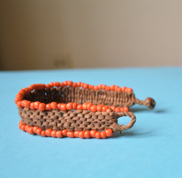 Braided leather bracelet orange beads, Boho bracelet