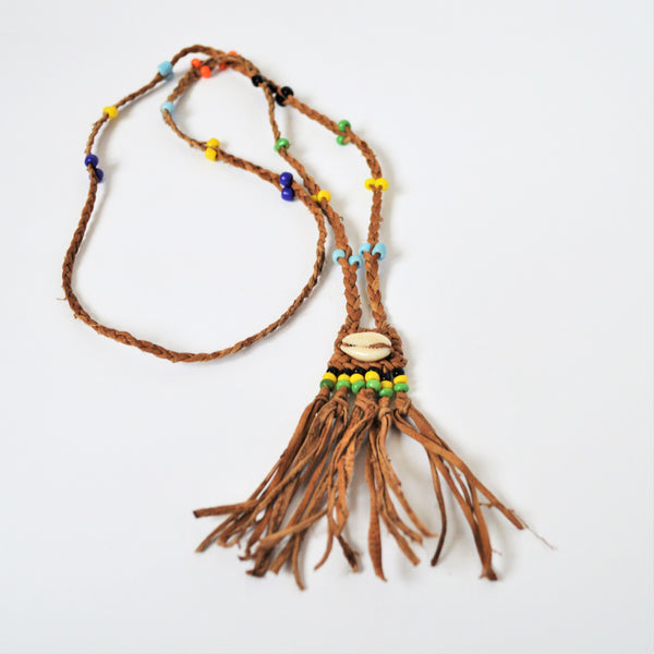 Girl necklace, Beach beaded necklace, Seashell, braided Leather, Hawaiian cowrie