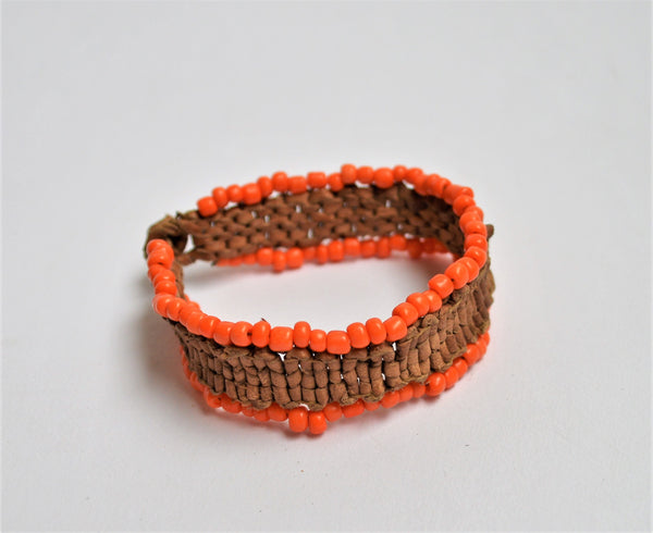 Braided leather bracelet orange beads, Boho bracelet