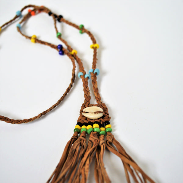 Girl necklace, Beach beaded necklace, Seashell, braided Leather, Hawaiian cowrie