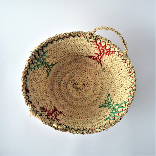 Palm leaf embroidered basket, decorative wicker bowl