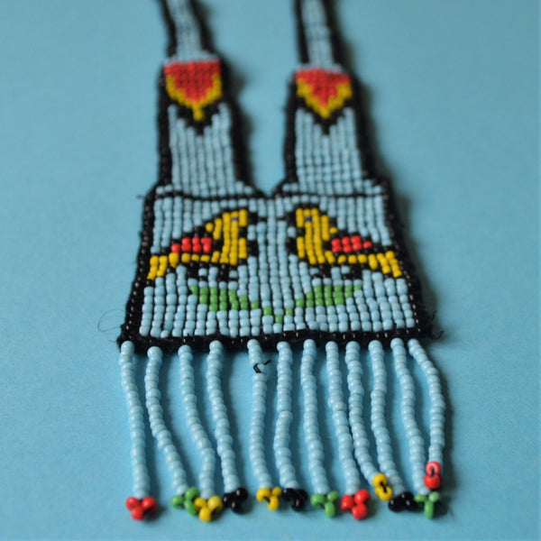 Bohemian beaded necklace love birds, Long boho necklace blue color