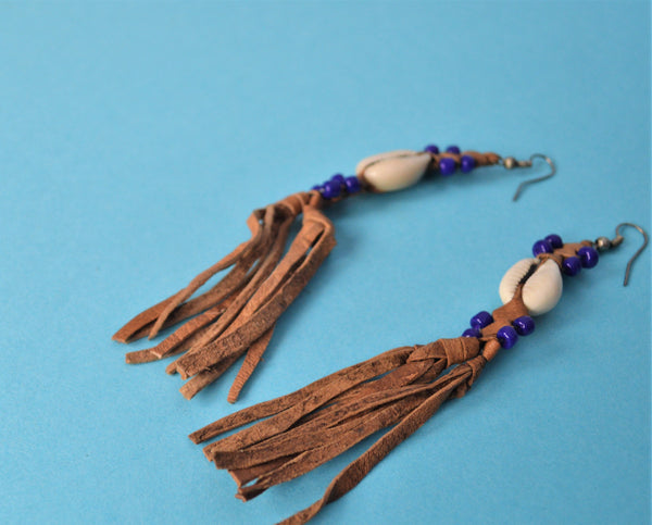 Boho earrings natural leather blue beads seashells