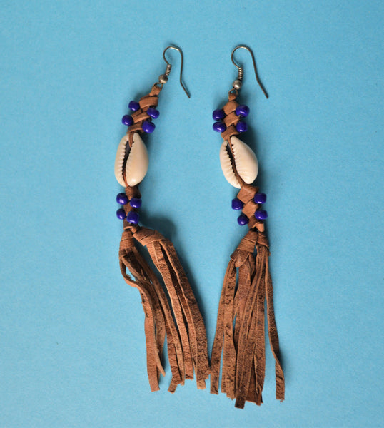 Boho earrings natural leather blue beads seashells