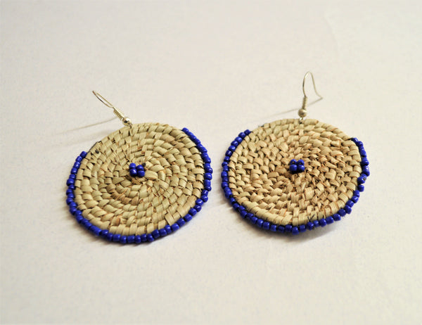 Round dangle earrings, Beach earrings, Straw circle earrings