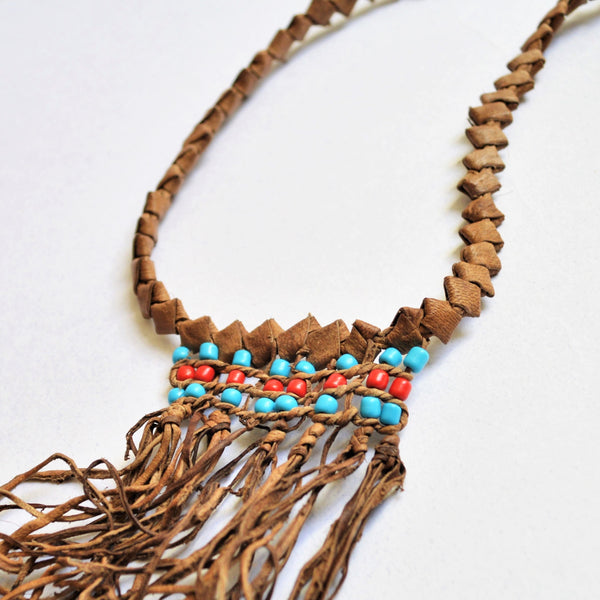 Beach necklace, Braided natural leather, Ethnic jewelry, Bohemian choker