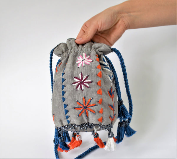 Drawstring pouch purse, Gray crossbody bag, Ethnic embroidery, Makeup bag