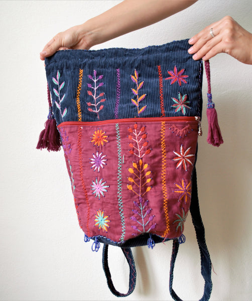 Drawstring boho backpack, Blue embroidered bag