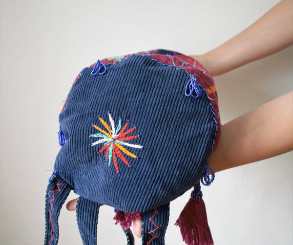 Drawstring boho backpack, Blue embroidered bag