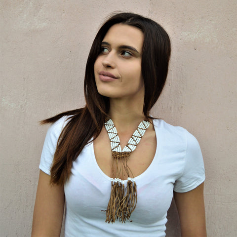 White beads long leather necklace