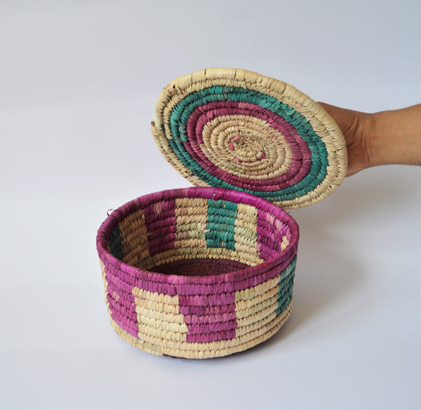 Woven container with lid, Colorful traditional basket