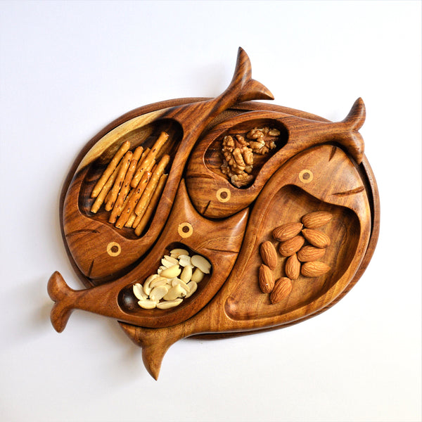 Hand carved 4 fish snacks platter Decorative mid century style