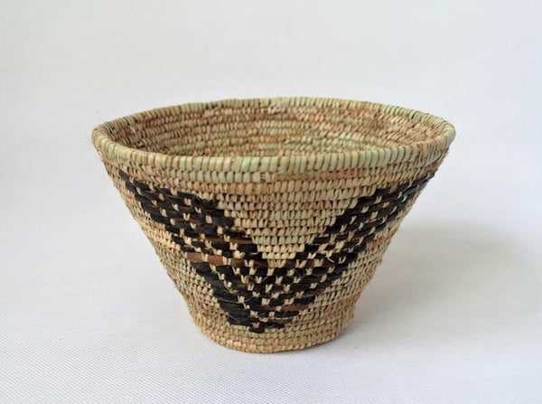 Rustic  fruits bowl from doum palm leaves & leather