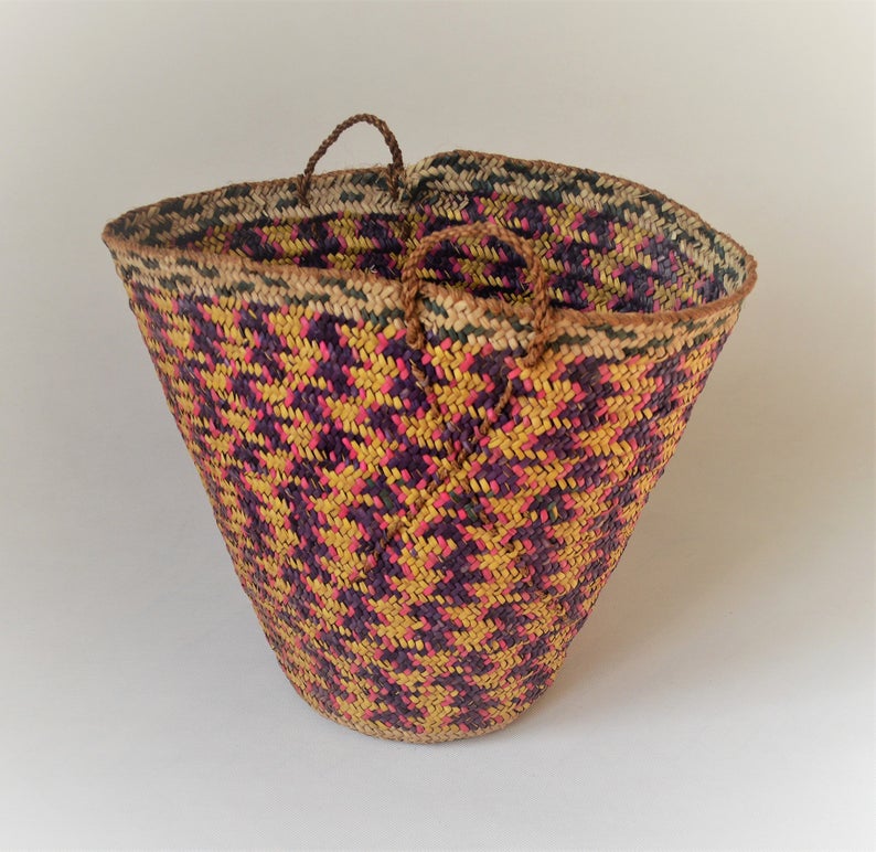 Vintage braided palm leaves basket, Big African basket
