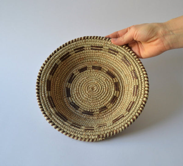 Woven African plate, Palm leaf woven basket with natural leather