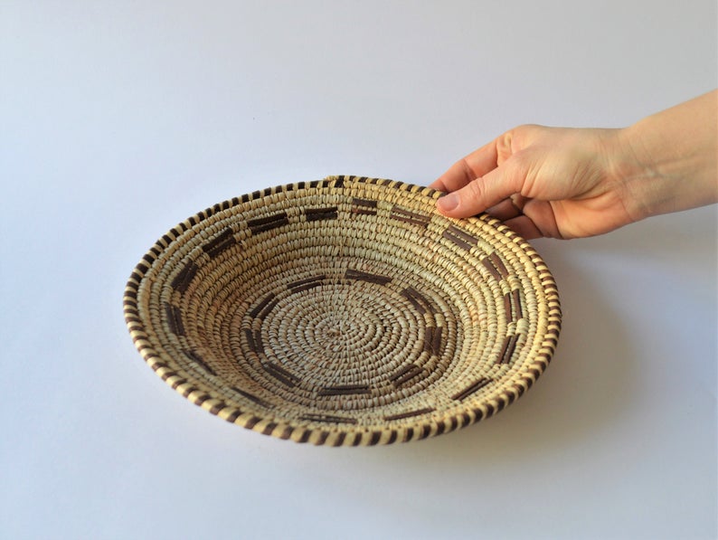 Woven African plate, Palm leaf woven basket with natural leather
